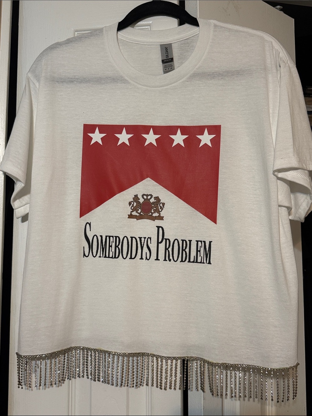 Somebodys Problem Graphic Tee with Rhinestone Fringe - White & Red